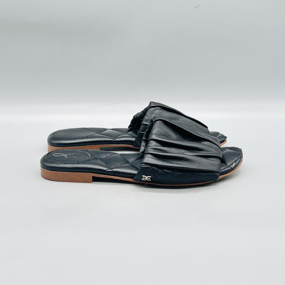 Sam Edelman Sandals Womens 7 Black Leather Pleated Slide Quilted Footbed Shoes
